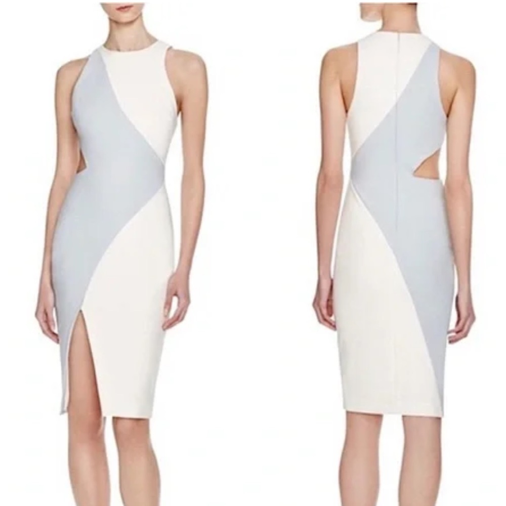 Elizabeth and James Cutout Asymmetric Slit Fitted Midi Amina Dress